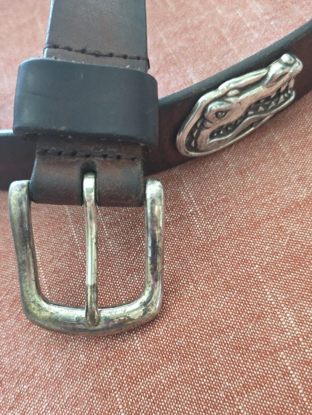 Men's Dark Brown Leather Belt with Alligator Silver-Tone Buckle
